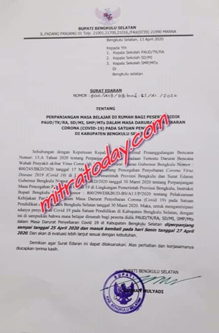 Dampak Covid 19 Libur Sekolah Peranjang, Berikut Surat 